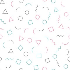 Seamless memphis pattern with white background. Trendy memphis style. Vector repeating texture.