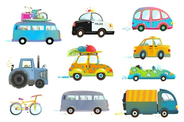 Zelfklevend Fotobehang Autorace Transport voertuigen collectie geïsoleerde objecten. Vector illustratie.
