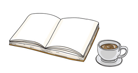 notebook and coffee cup line art hand drawn vector art illustration