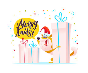 Christmas congratulation with dog portrait in santa hat