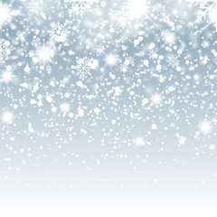 Naklejka na ściany i meble Falling shining snow or snowflakes on blue background for Christmas. Vector