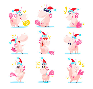 Vector illustration of cute unicorns in santa hat