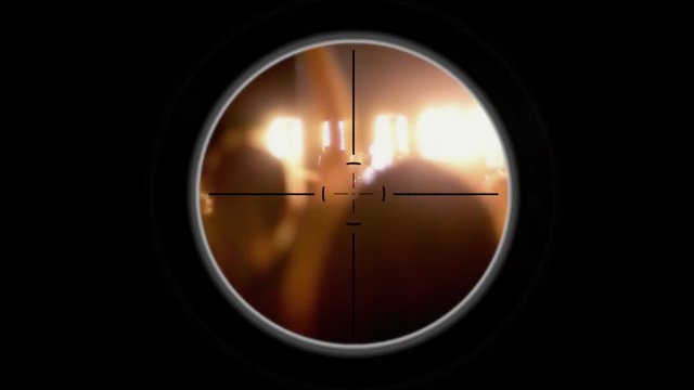A Sniper Scope Pointing At The Ending Of A Pop-rock Concert, With A Cheeering Crowd. Shot From Behind. Concepts: Terrorism, Chaos, Violence.
