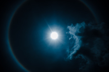 Moon halo phenomenon. Nighttime sky and bright full moon with shiny.