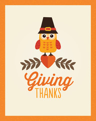 Happy Thanksgiving Day card, poster or menu template in cream, orange and brown with cute owl in pilgrim hat sitting on a heart and leaves. In portrait format, message reads Giving Thanks.