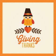 Happy Thanksgiving Day card, poster or menu template in cream, orange and brown with cute owl in pilgrim hat sitting on a heart and leaves. In square format, message reads Giving Thanks.