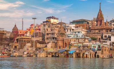 Fototapeta premium Historic Varanasi city with Ganges river ghat