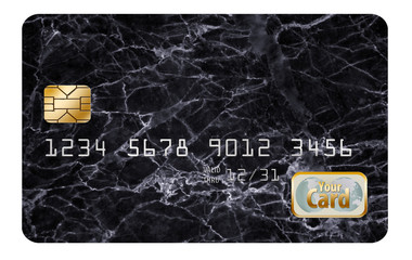 Blank credit card or debit card with chip, number and generic logo on a white background. You fill in the name of card, type of card, etc.