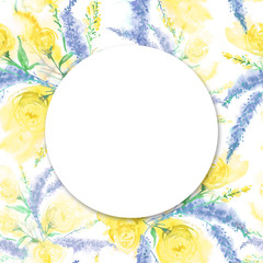 Watercolor greeting card with flowers. A vintage drawing of Yellow roses, field and gardening flowers in a bunch. Beautiful, vintage art background