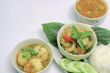 Thai food, Thai cuisine, Spicy Thai foods decorated on white dish on white background.