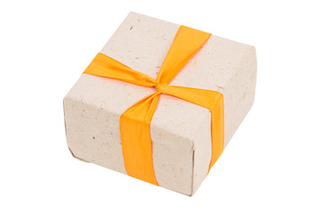 box with a gift bandaged with orange ribbon, isolated on white