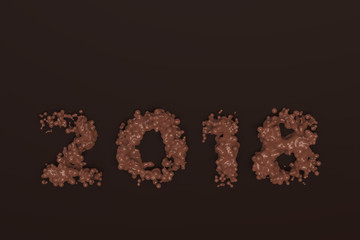 Liquid chocolate 2018 number with drops on chocolate background