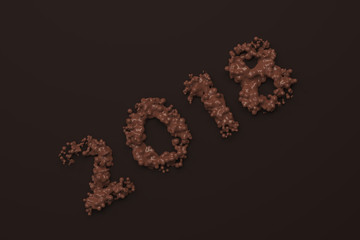 Liquid chocolate 2018 number with drops on chocolate background