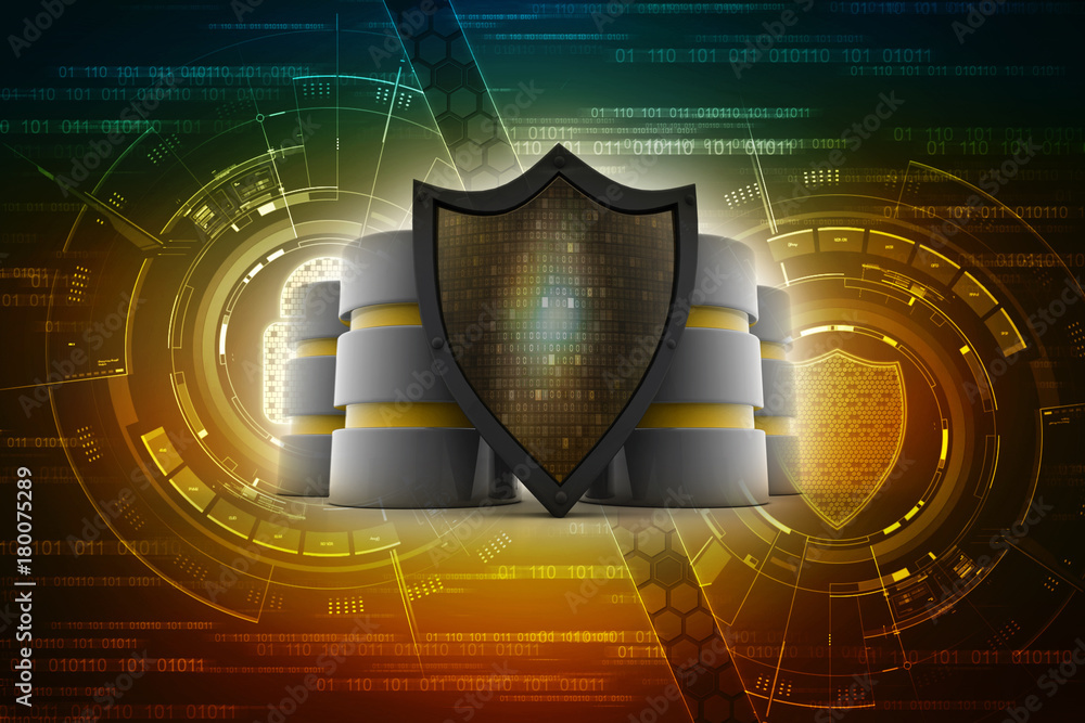 Poster 3d illustration database storage security concept. disk with cloud lock connected mouse
