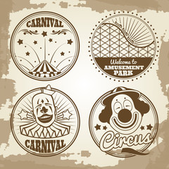 Amusement park circus carnival emblems on vintage background