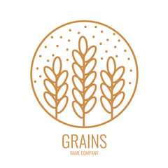 Linear icon three spikelets of wheat in the circle. Business emblems, logo for a agriculture, ecology concepts, health or beer.