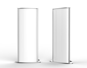 Curved double sided totem poster light advertising display stand. 3d render illustration.