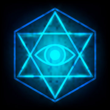 Glowing Blue Eye Of Providence In The Center Of The Hexagram Is A Maxim In Sacred Geometry Or Hermeticism Background. Vector Illustration.