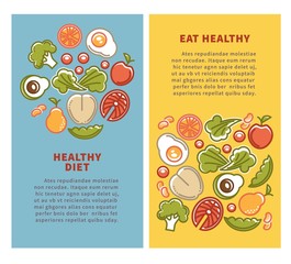 Healthy food and diet nutrition vector posters vegetables, fruits and cereals protein