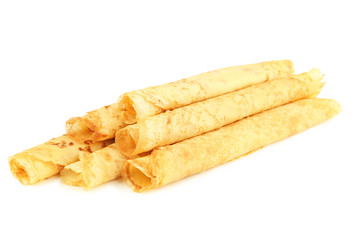 Rolled pancakes isolated on white background