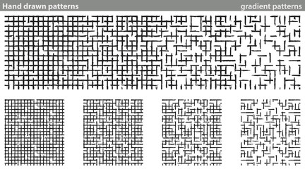 Fototapeta premium Hand drawn patterns, gradient patterns. Four seamless patterns made with a cross-drawn texture drawn by hand. The patterns make a gradient from dark to light.