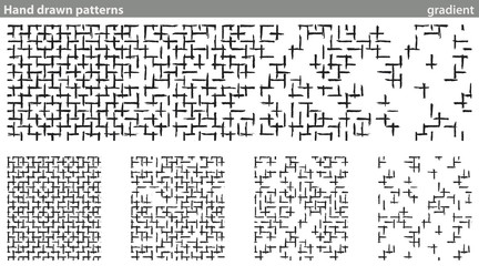 Hand drawn patterns, gradient. Four seamless patterns made with a cross-drawn texture drawn by hand. The patterns make a gradient from dark to light.