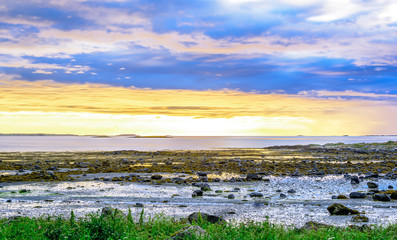 Serene Scandinavian white nights landscape seascape at sunset