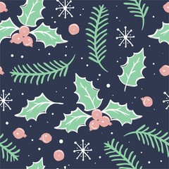 Fototapeta na wymiar Hand drawn Christmas seamless pattern with holly berries.