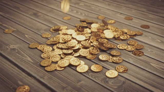 Flying Golden Coins.Pile of coins falling on the wooden table.High quality animation of falling coins.Animation generated in great 3D physics system.