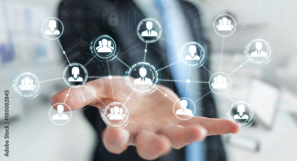 Poster Businessman using social network connection 3D rendering