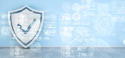 Shield icons in interior with web interface 3D rendering