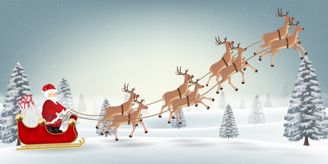 santa claus reindeer on christmas winter forest
