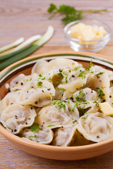 Dumplings, filled with meat, ravioli. Traditional Russian dish pelmeni. Dumplings with filling, vertical