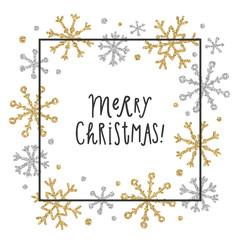 Gold and silver glitter snowflakes. Christmas greeting card template. Vector illustration
