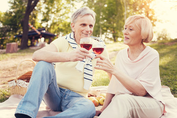 Pleasurable time. Joyful positive elderly couple sitting together and enjoying their picnic while having a pleasurable time together
