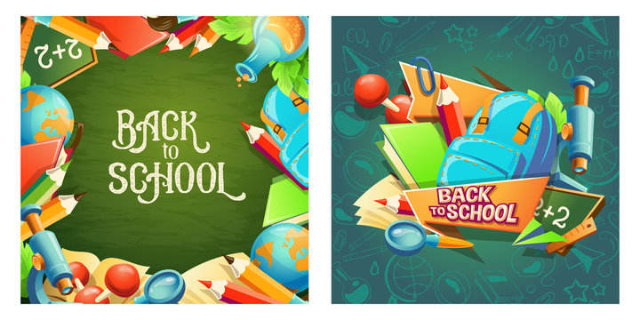 Set of vector cartoon banners with school accessories and inscription Back to school. Template, design element.