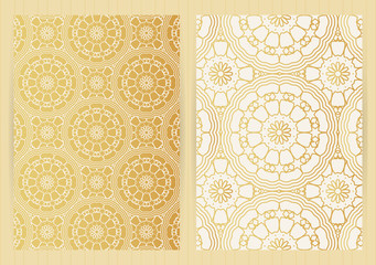 A4 size covers. Mandala round elements. Ethnic background. Japanese, arabic, islamic, eastern, oriental, musli style for restaurant menu, flyer, business card, brochure, book cover, banner.