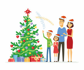 Happy family celebrates Christmas - cartoon people characters illustration