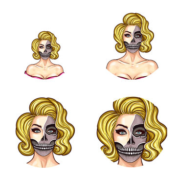 Set of vector pop art round avatar icons for users of social networking, blogs, profile icons. Young pin up sexy blonde girl with painted face, make-up woman death, skull