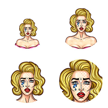 Set of vector pop art round avatar icons for users of social networking, blogs, profile icons. Young pin up sexy girl with painted face, carnival makeup