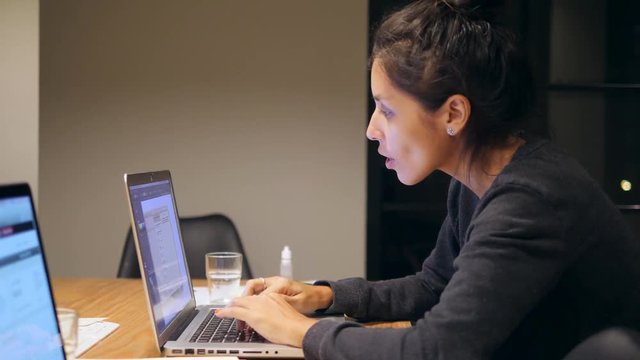 Yawning Tired Beautiful Mixed Race Woman Fell Asleep in Office. 4K.