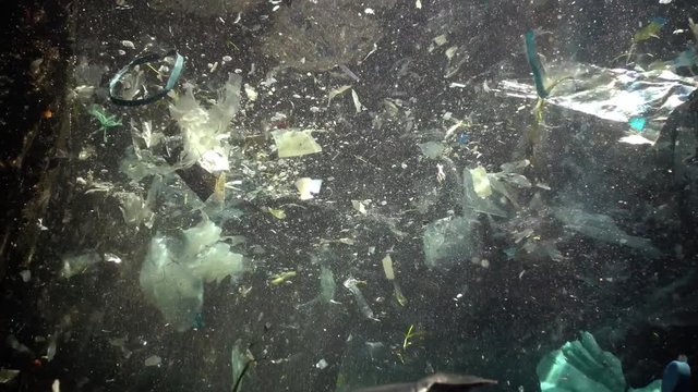 Plastic garbage and other debris floating underwater. Marine pollution. Plastic debris in the water, killing wildlife. Black Sea, Bulgary