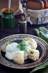 Traditional Lithuanian dish meal cuisine - stuffed meat potato dumpling (Cepelinai,didzkukuliai),most popular Lithuanian national dish, curd, similar to polish
