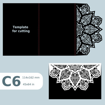 C6 paper openwork greeting card,  wedding invitation,  lace invitation, card with fold lines, object isolated background, laser cut template, vector illustration