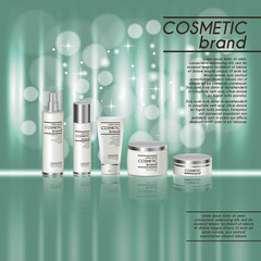 3D realistic cosmetic bottle ads template. Cosmetic brand advertising concept design with glitters and bokeh background