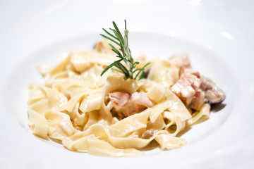 pasta cream sauce with chicken, decorated with thyme on a white plate .
