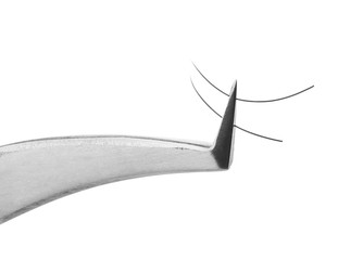 Tweezers with false eyelashes on white background