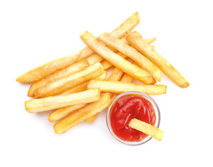 Yummy french fries with sauce on white background