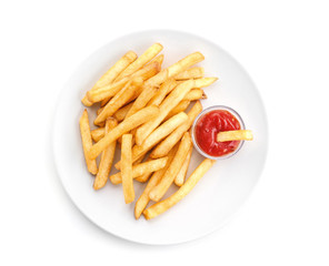Plate with yummy french fries and sauce on white background