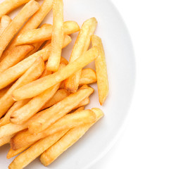 Plate with yummy french fries on white background